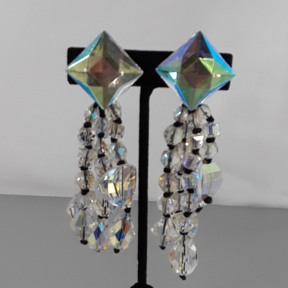 Irredscent Beaded Chandelier Clip Earrings